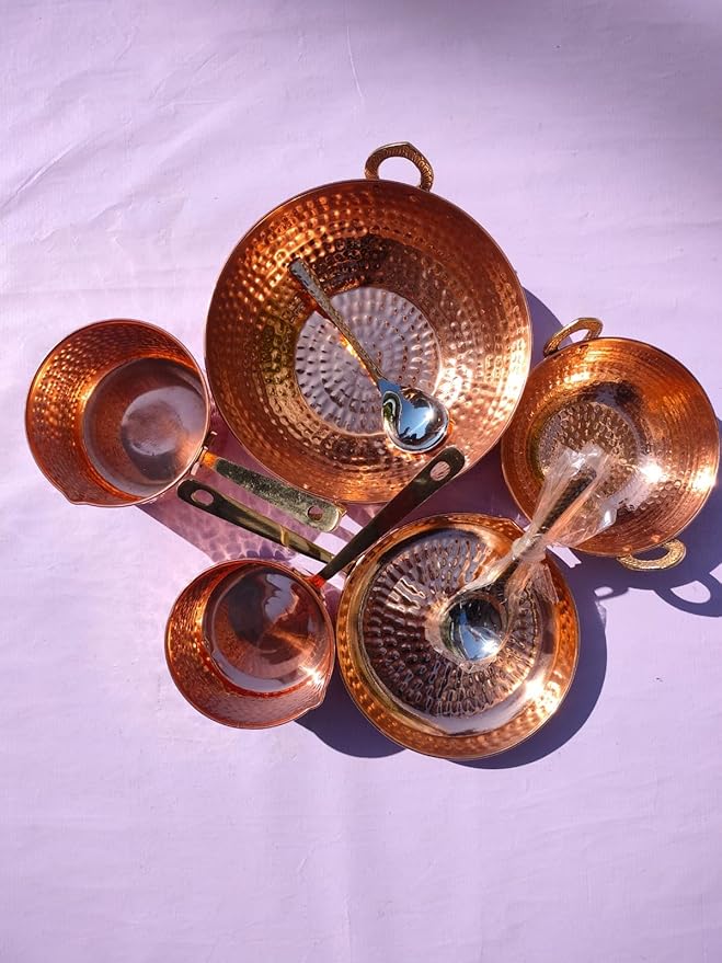Pure Cookware 10 Piece Set with Serving Spoon (Sauce Pan | Copper Kadhai Set | Copper Fry Pan) with Brass Handle for Cooking Purpose