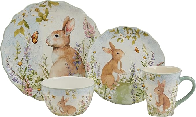 Easter Meadow 16-Piece Ceramic Dinnerware SetService for 4 – Bunny &amp Floral Design Perfect for Easter Spring Holiday Dining – Durable Microwave &amp Dishwasher Safe