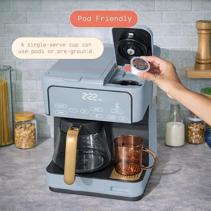 Multi Brew Coffee Maker with Single Serve and Carafe Brewing Options for Countertop Home Use (Cornflower Blue)