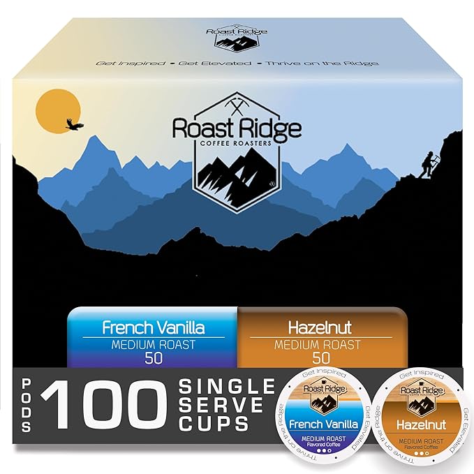 Roast Ridge Single Serve Coffee Pods for Keurig K-Cup Brewers Variety Pack Medium Roast 100 Count (50 each: French Vanilla Hazelnut)