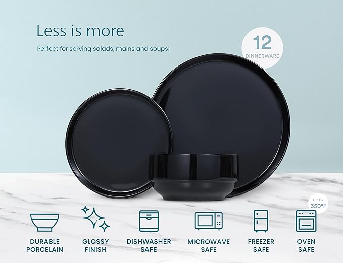 Ceramic Dinnerware Set 12-Piece Service for 4 Soup Bowls (31.5 oz) Salad Plates (7.5) Dinner Plates (10.5) Round Microwave and Dishwasher Safe Black Cambridge Classics