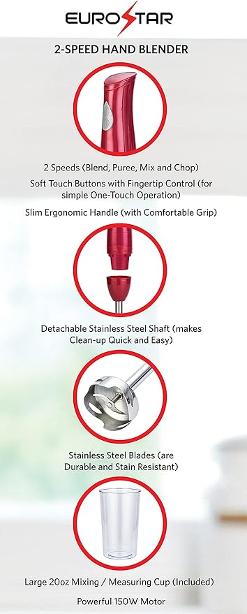 EUROSTAR EH441R 2-Speed Hand Blender with Stainless Steel Detachable Shaft Red
