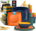 Teivio 48-piece Kitchen Plastic Wheat Straw Square Dinnerware Set for 12 Unbreakable Dinner Plates Salad Plates Snack Bowls Tumblers 13.5 oz Dishwasher Safe Autumn Multicolor