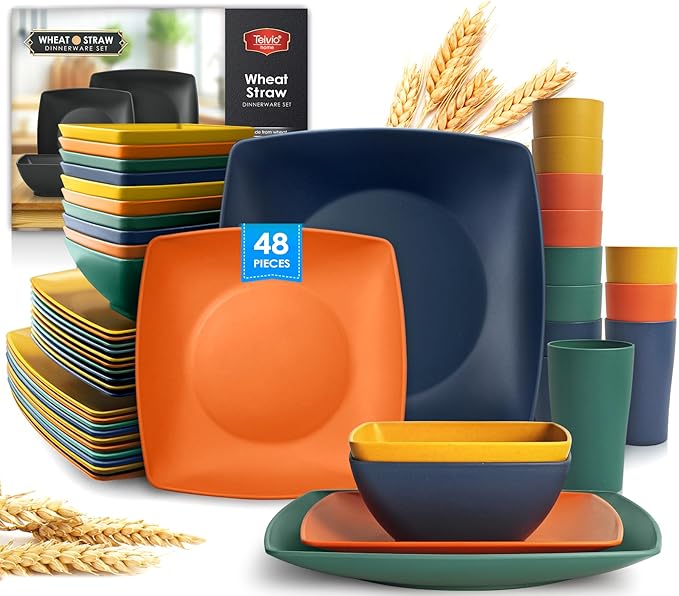 Teivio 48-piece Kitchen Plastic Wheat Straw Square Dinnerware Set for 12 Unbreakable Dinner Plates Salad Plates Snack Bowls Tumblers 13.5 oz Dishwasher Safe Autumn Multicolor