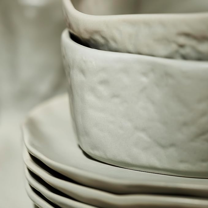 Stone by Mercer Project Atik Modern Stoneware 32-Piece Dinnerware Set Plate and Bowl Set Dish set for 8 Sage-Grey