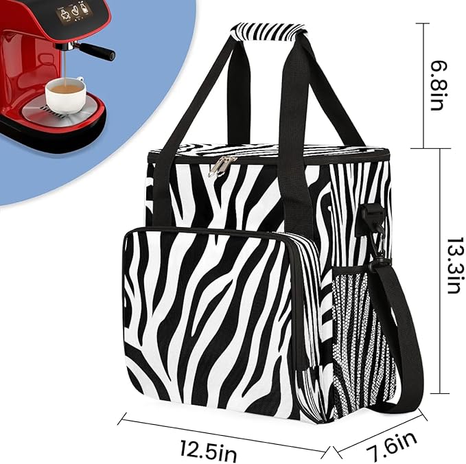 Zebra Striped Coffee Maker Carrying Bag Compatible with K-Mini or K-Mini Plus Portable Single Cup Coffee Maker Case with Pockets for K Cup Pods