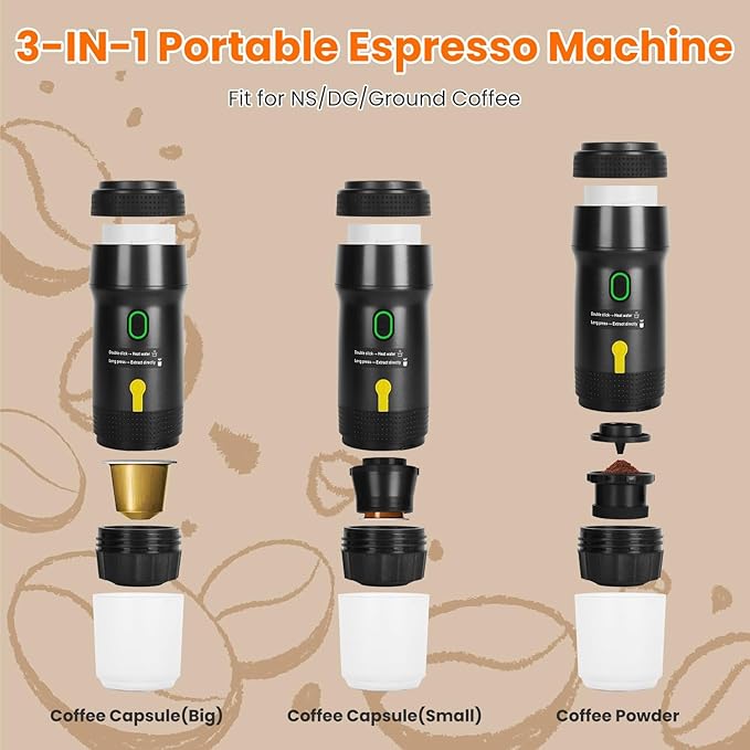 iMounTEK Portable Electric Espresso Machine Cordless Coffee Maker with Self-Heating &amp Anti-Dry Burn Fit for Ground Coffee Espresso Maker for Car Camping RV Travel &amp Home–Black