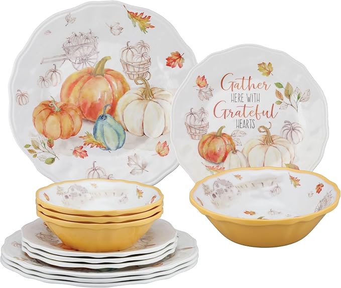 UPware 12 Piece Pumpkin Season Melamine Dinnerware Sets Outdoor Dishes Set Plates and Bowls Sets Autumn Thanksgiving Decorations Service for 4 Orange