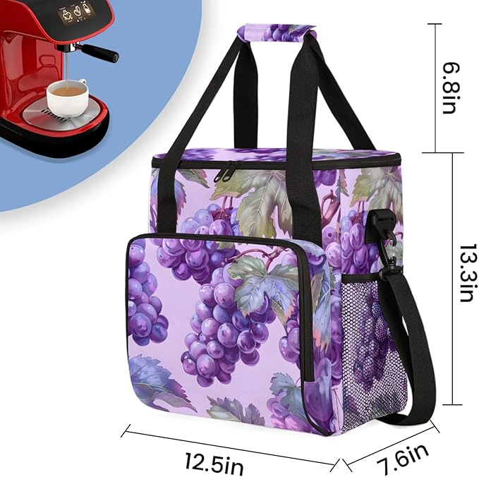 Grape Print Coffee Maker Travel Bag for Keurig K-Mini/K-Mini Plus Insulated Waterproof Tote with Pockets for K-Cup Portable Single-Serve Brewer Case