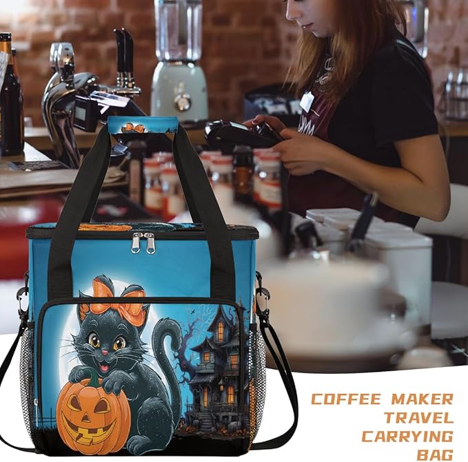 Halloween Pumpkin Cat Castle Coffee Maker Carring Bag Travel Carrying Storage Tote Bag Compatible with Keurig K-Mini or K-Mini Plus Portable Single Serve Coffee Brewer Case with Pockets