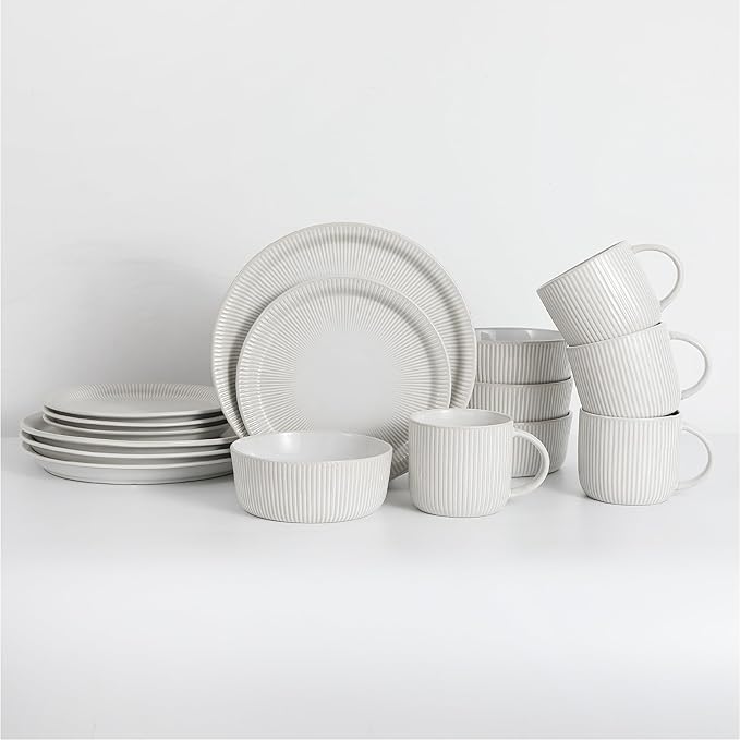 TABLE 12 Dinnerware Set Parchment Embossed Dish Set for 4 with Dinner Plates Dessert and Salad Plate Set Bowl Set and Mugs Simple Modern Kitchenware White 16-Piece