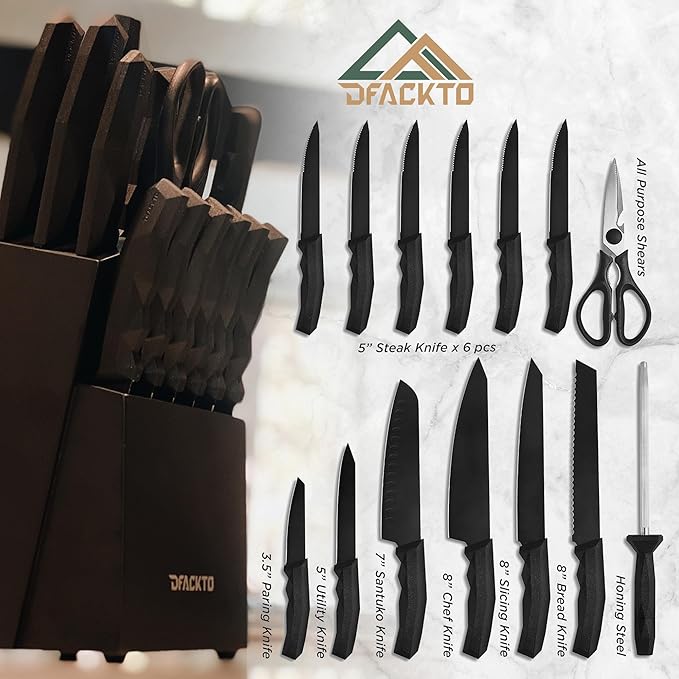DFACKTO 15 Piece Matte Black Chef Knife Set with Sharpener and Block Modern Non-Slip Ergo Composite Handle Sharp Full-Tang High-Carbon Stainless Steel Blades Knives for kitchen
