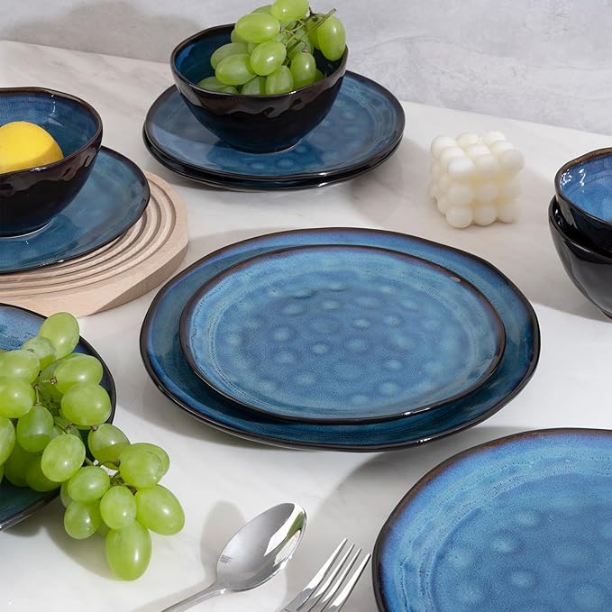 Dinnerware Set Blue 12 Pieces Service for 4 Stoneware Plates and Bowls Set Stoneware Set Dishwasher Microwave Safe Dishes set