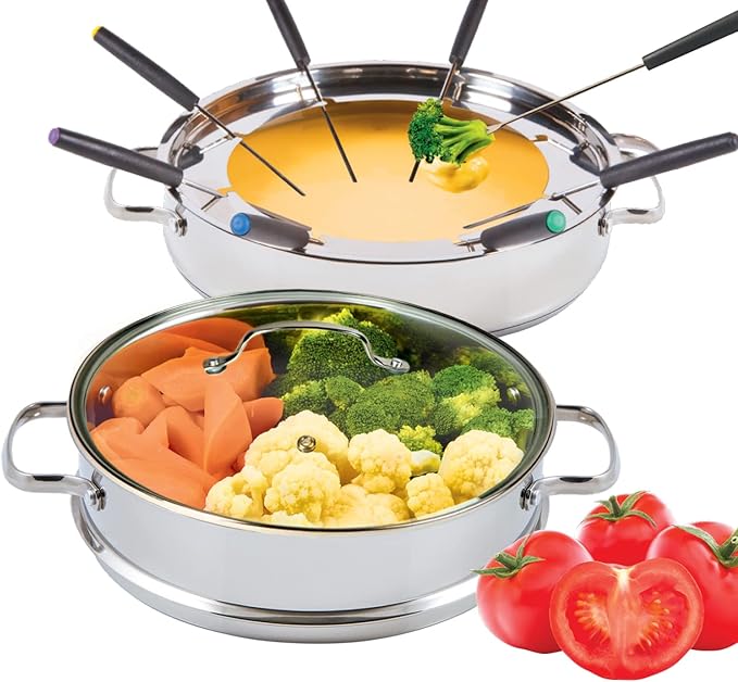 Nuwave 18/8 Stainless Steel Ultimate Cookware Set Free of PTFE PFOA PFOS Fondue Pot Set Works On ALL Cooktops and Induction Cookers Steamer Basket Glass Lid &amp 8 Fondue Forks Included (Renew