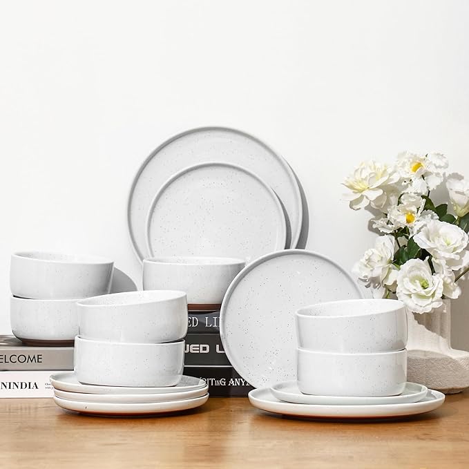 GZG Ceramic Dinner Salad Plates Set of 4 8 Inch Speckled Dinnerware Dessert Plates with Clay-Tone Base Microwave Oven Dishwasher Safe