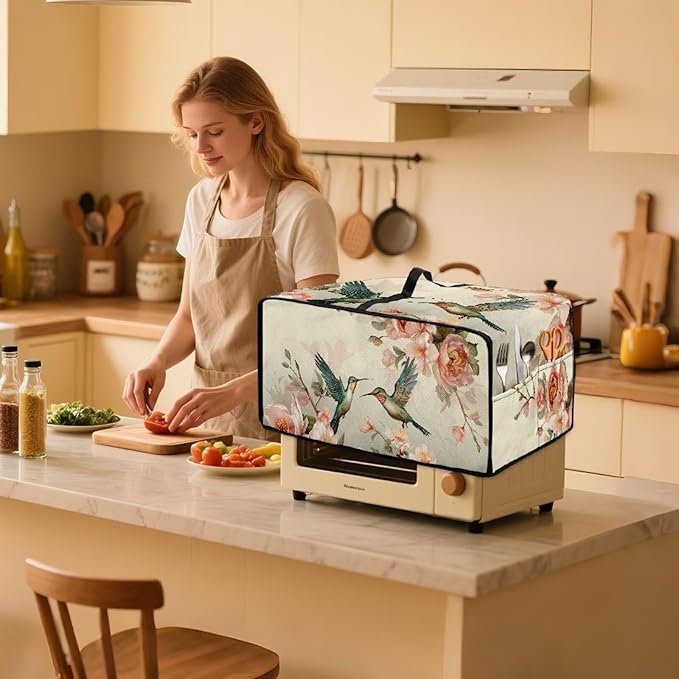 Toaster Oven Cover Heavy Duty Heat-resistant Protective Case Faux Linen Polyester Protector with Handle &amp Pockets for Home Kitchens Hummingbird Cherry Blossom