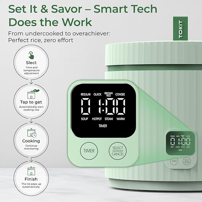 TOKIT Rice Cooker Small 3 Cup Uncooked /6 Cup Cooked Modern Multifunctional Mini Rice Cooker with 24-H Timer &amp Warmer for 1-3 People Ceramic Coated Non-Stick Pot 8 Cook Functions Avocado Green