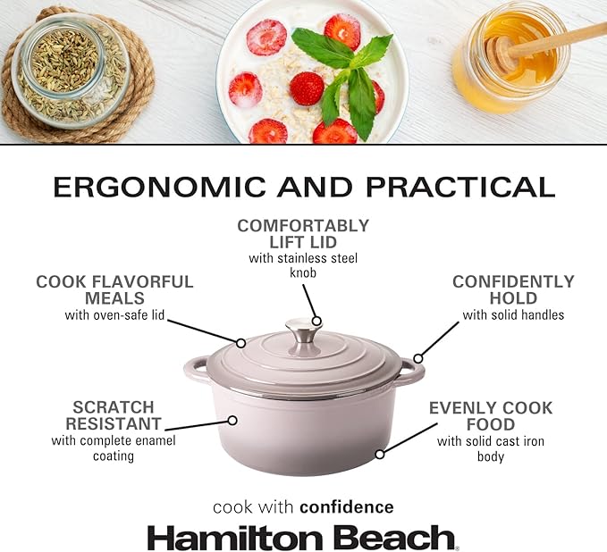 Hamilton Beach 5.5-Quart Enameled Cast Iron Dutch Oven with Lid | Heavy-Duty Pot for Braising Roasting &amp Baking | Gray