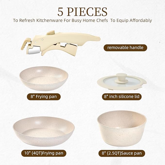 5pcs Pots and Pans Set Nonstick Cookware Detachable/Removable Handle Induction RV Kitchen Set Oven Safe ＆ Dishwasher ＆ Heat Evenly for Better Cooking