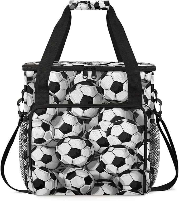 Football Black And White Coffee Maker Carring Bag Large Insulated Storage Organizer Case Tote Bags with Shoulder Strap for Travel Work Picnic
