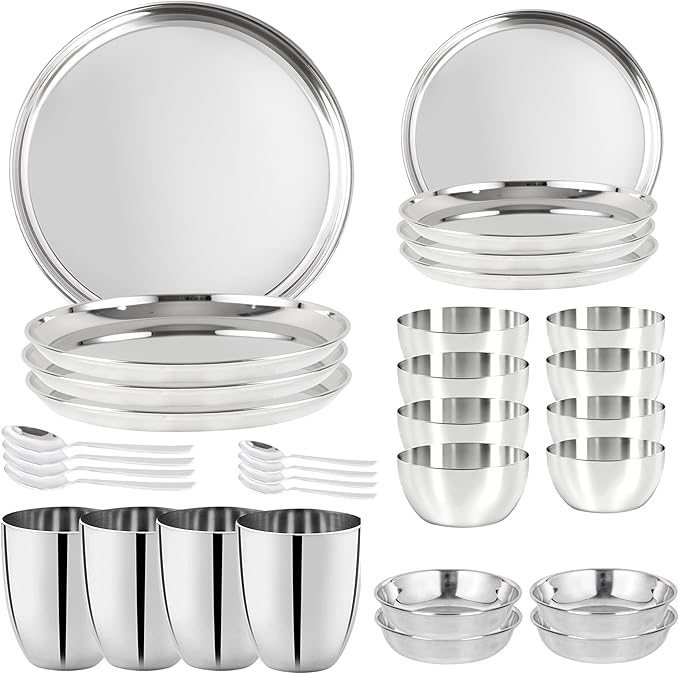 Stainless Steel Dinnerware Set of 32 Pcs (Dinner Plates Cups Dishes Bowls) Metal Dinnerware Sets Dishwasher Safe Reusable Dinner Set for Home Kitchen Camping - Service for 4