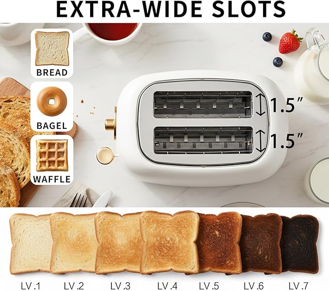 2-Slice Toaster Wide Slots 7 Bread Shade Settings Stainless Steel Bagel Cancel and Defrost Functions Removable Crumb Tray Retro Style ToasterMatte White and Gold
