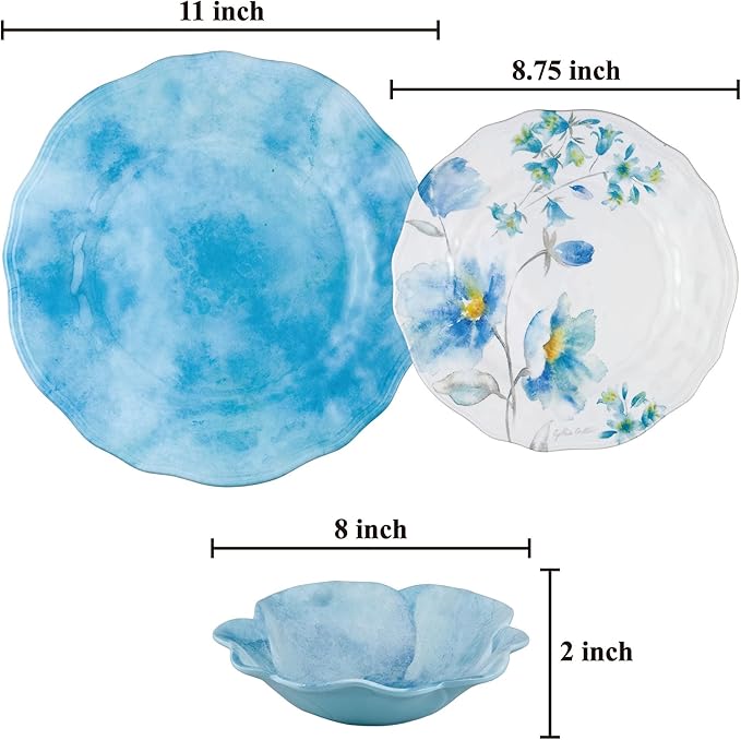 UPware 12 Piece Campanula Melamine Dinnerware Sets Outdoor Dishes Set Plates and Bowls Sets Service for 4 Sky Blue