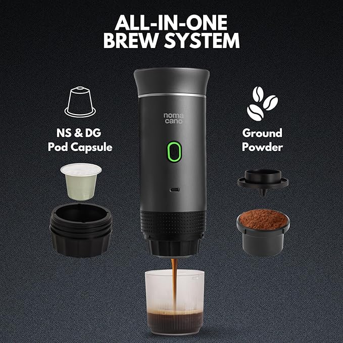 Electric Portable Espresso Machine Travel Coffee Maker Instant Self-Heating with USB-C Extraction Pod System compatible with NS Capsule &amp Ground Coffee for Camping RV Hiking Office