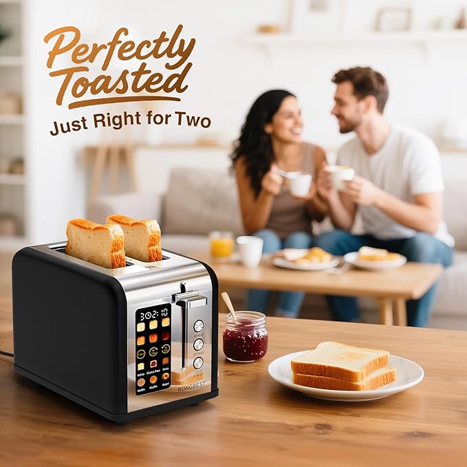 2 Slice Easy Touch Screen Toaster Stainless Steel Toaster with Wide Slots Even Toasting for Bagels &amp Bread Reheat &amp Defrost Removable Crumb Tray Matt Black