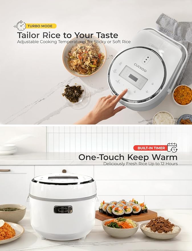 CUCKOO Micom Rice Cooker 8-Cup Uncooked / 16-Cup Cooked with Nonstick Inner Pot Large Rice Maker with 9 Menu Options Fuzzy Logic Technology Auto Clean Mode LCD Display White (CR-0810F)