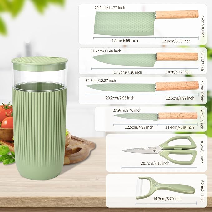 Knife Set 7-Piece Kitchen Knife Set with Sharp Chef and Meat Knives Anti-Rust Utility Knives Set for Kitchen Kitchen Knife Block Set （Green）