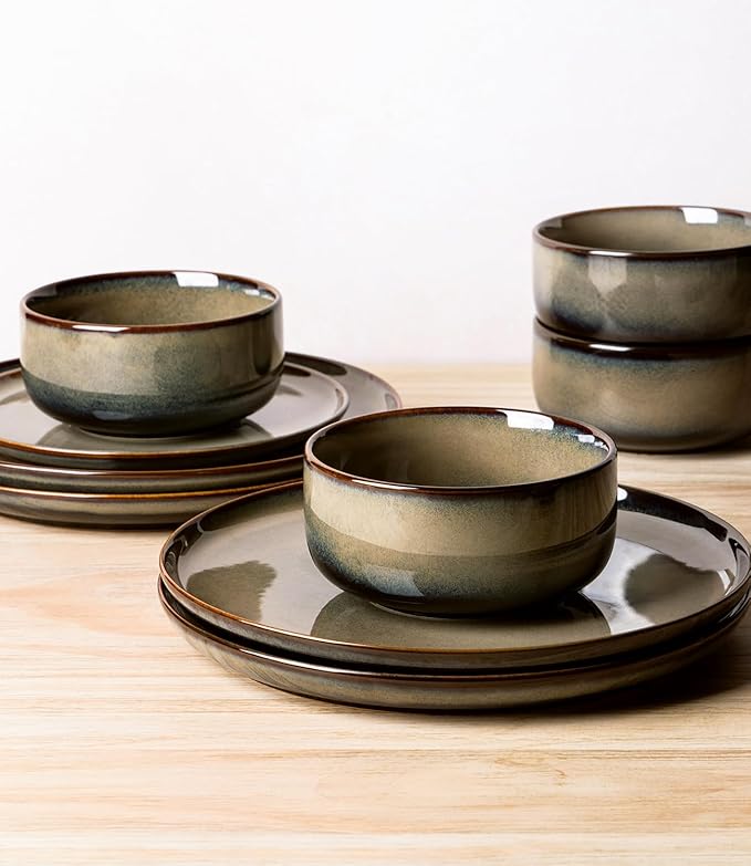 TheTerra Ceramic Dinnerware Sets for 4 12 Pieces Handmade Reactive Glaze Plates and Bowls Set Scratch Resistant Dish Set Oven &amp Microwave &amp Dishwasher Safe