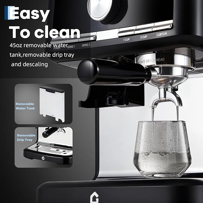 20 Bar Pressure Stainless Steel Espresso Machine with Grinder 1.5l Removable Water Tank Milk Frother Steam Wand for Latte and Cappuccino Adjustable Shot VolumeBlack
