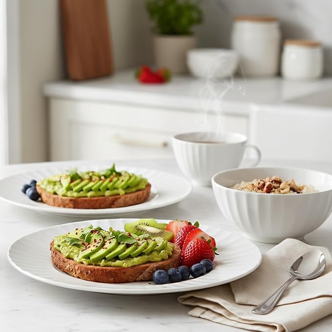 16-Piece Bone China Dinnerware Set for 4 White embossed dinnerware set Plates and Bowls with Textured Design Microwave Dishwasher Safe