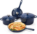 Hisencn Enameled Cast Iron Cookware Set - 7 Piece Dutch Ovens Set Sauce Pan Skillet 3 Lids Pots and Pans Set Ceramic Coated Cast Iron Heavy Duty Gas/Induction Compatible PFA Free