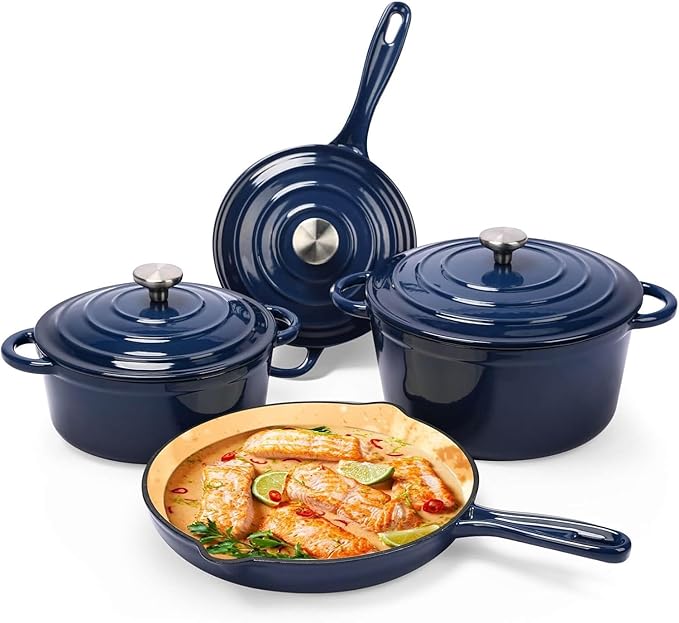 Hisencn Enameled Cast Iron Cookware Set - 7 Piece Dutch Ovens Set Sauce Pan Skillet 3 Lids Pots and Pans Set Ceramic Coated Cast Iron Heavy Duty Gas/Induction Compatible PFA Free