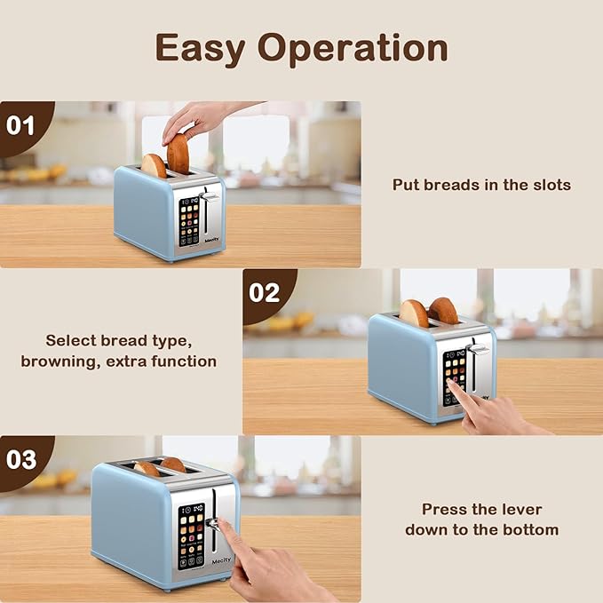Mecity 2 Slice Touch Screen Toaster 1.5 Wide Slot Stainless Steel Smart Toaster for Bagels Muffins Waffles Gluten-Free Breads Defrost Reheat Timer 120V 825W Ice Blue