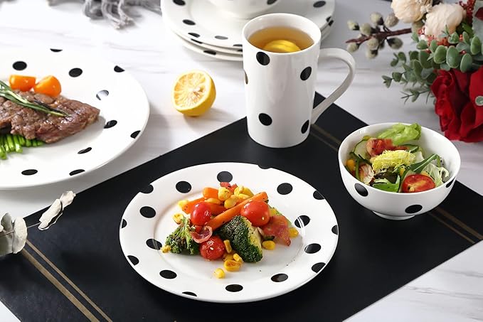 Modern Porcelain 16-Piece Dinnerware Set Plates and Bowls Set for 4 Black Polka Dot DinnerwareDishwasher &amp Microwave Safe Ceramic Dish Set for Home Dining Gifts