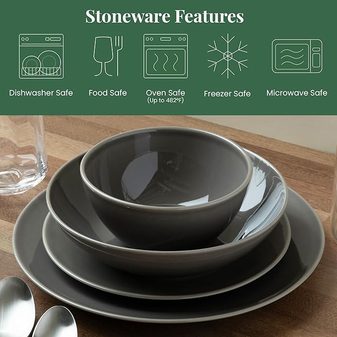 Larder &amp Vine Ceramic Stoneware Dinnerware 16-Piece Set 4 Place Settings (French Gray)