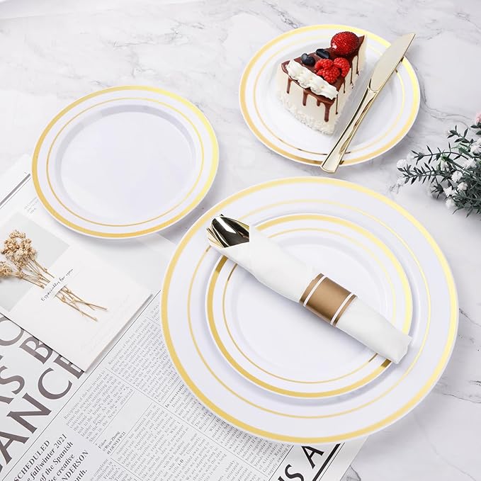 BESTVIP 175PCS Gold Plastic Dinnerware Set Disposable Party Plates for 25 Guests Include: 50 Plastic Plates 25 Pre Rolled Napkins with Gold Silverware 25 Cups for Christmas Halloween