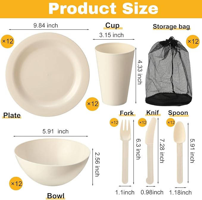 LemonRoad 12 Set College Dorm Dishes Essential Kit Plates and Bowls Back to School Beige Room Dishes Set with Storage Mesh Bag Cup Microwave Dinnerware Picnic for RV Camping