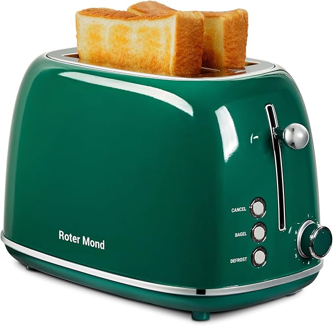Roter Mond 2 Slice Toaster Retro Stainless Steel with Bagel Cancel and Defrost Functions 6 Bread Shade Settings Extra Wide Slots and Removable Crumb Tray Green
