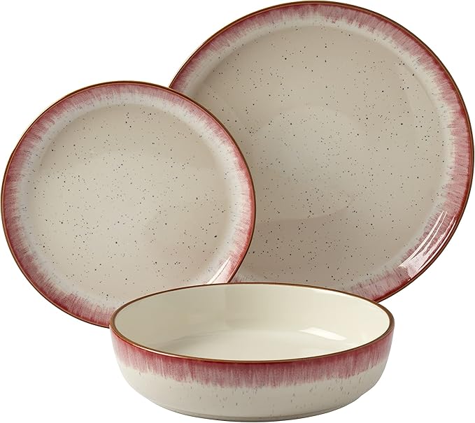 Tabletops Gallery Speckled Farmhouse Collection- Stoneware Dishes Service for 4 Dinner Salad Appetizer Dessert Plate Bowls 12 Piece Hanover Dinnerware Set in Berry