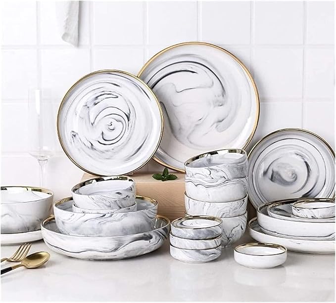 Elegant Dinnerware Set Dinner Plates Bowls Set Ceramics Dinnerware Set European Style Marble Dishes And Plates Porcelain Cake Dish Pastry Fruit Tray Ceramic Tableware Ste6 People