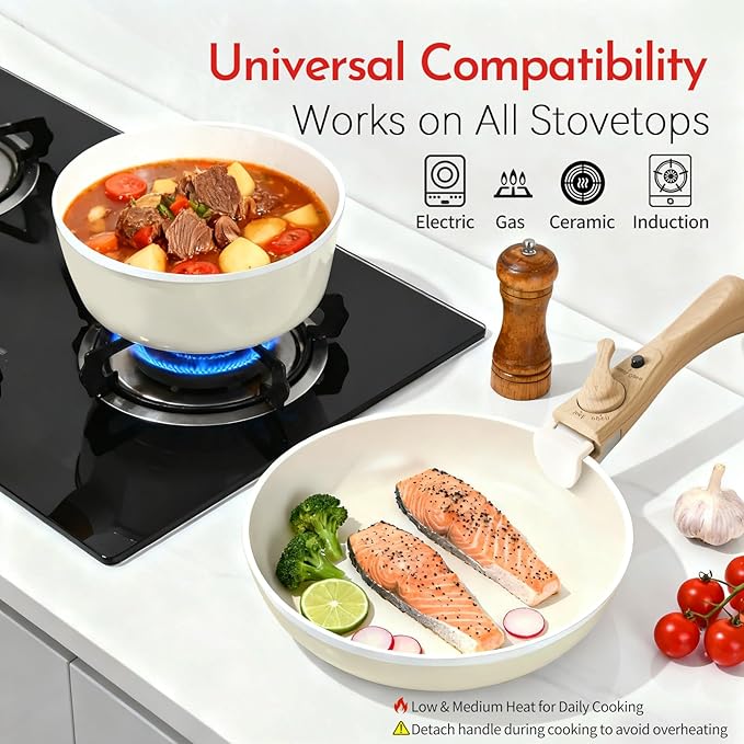 Heapsion 18-Piece Ceramic Nonstick Cookware Set PFAS/PFOA/PTFE-Free &amp Non-Toxic Pots and Pans Set with Detachable Handles Dishwasher Safe &amp Induction Compatible for Kitchen &amp RV Cooking