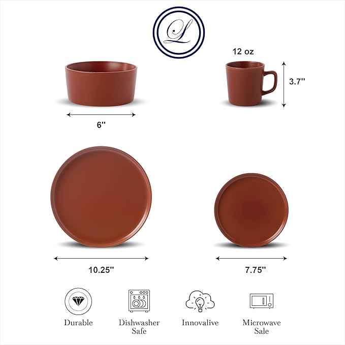 Lorren Home Trends Red Stoneware Dinnerware Set 16 Piece Service for 4 Microwave and Dishwasher Safe