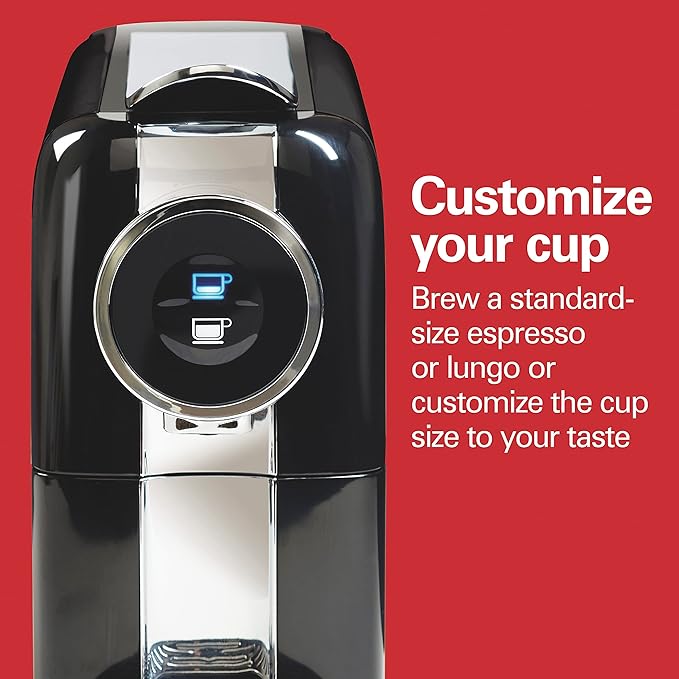 Hamilton Beach Espresso Machine Compatible with Nespresso Pods Single Serve Coffee Maker Powerful Italian 19 Bar Pump 22 oz. Water Reservoir Custom Cup Size Holds 13 Capsules Black (40726)