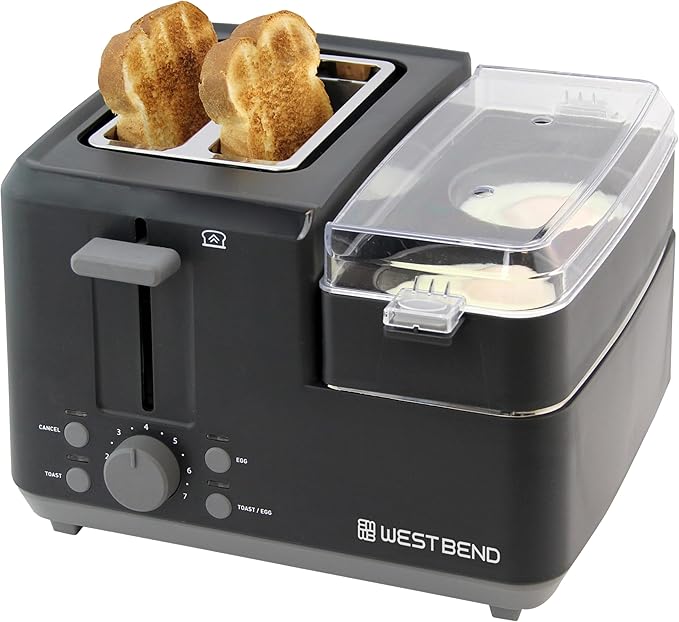 West Bend Breakfast Station 2-Slice Toaster and Egg Cooker/Poacher with Removable Pre-Cooked Meat and Vegetable Warming Tray for Perfect Breakfast Sandwiches 1200-Watts Black