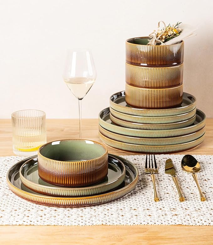 TheTerra Ceramic Dinnerware Sets with Pasta Bowls for 4 16 Pieces Porcelain Lightweight Plates and Bowls Sets Scratch Resistant Dish Set Oven &amp Microwave &amp Dishwasher Safe Sage Umber
