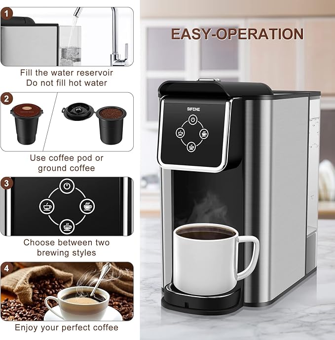 SIFENE 3-in-1 Pod Coffee Machine KC101 - Single Serve Coffee Maker - Quick Brew for Pods Ground Coffee Tea Black